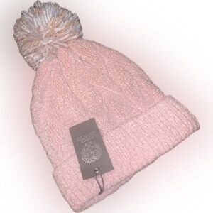 Vince Camuto Blush Pink Chenille Herringbone Knit Pom-Pom Beanie Toboggan Hat